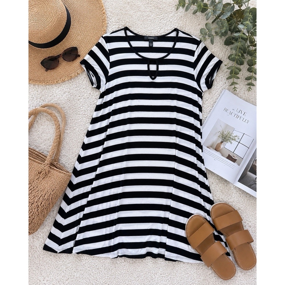 Espresso Striped T-Shirt Dress Womens L Black White Excellent Keyhole A-Line